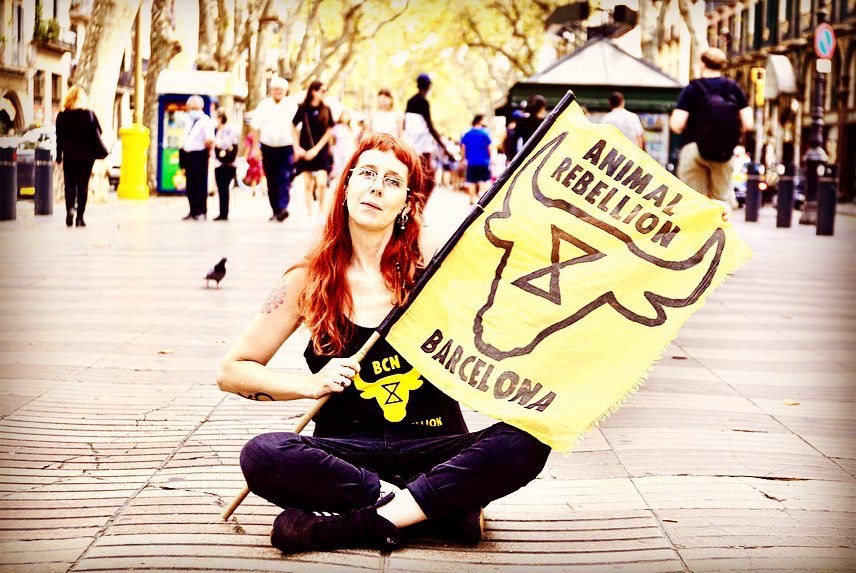 Photo of Nunu sitting cross-legged in the middle of a promenade holding an Animal Rebellion Barcelona banner