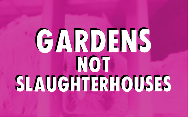 Image saying 'Gardens not slaughterhouses'