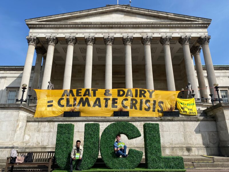 Plant-Based Universities campaigners drop banners on 3 London universities highlighting climate crisis