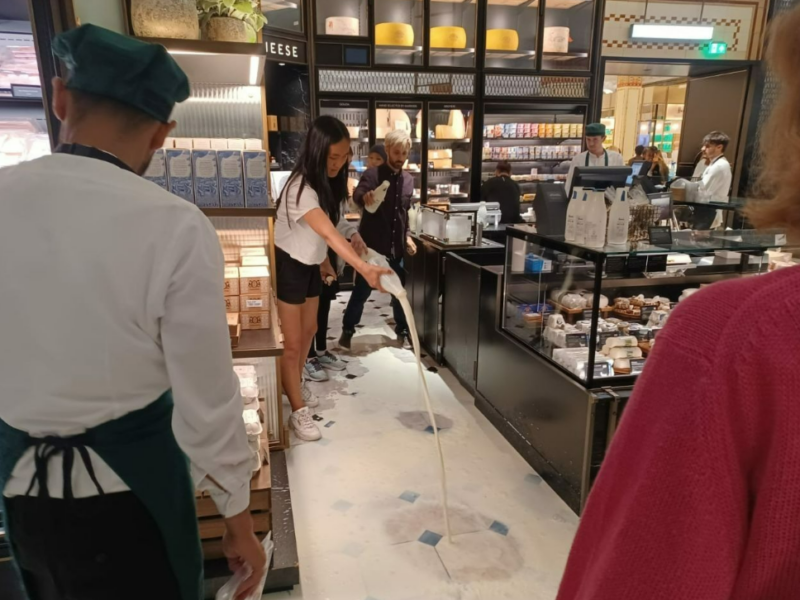 ANIMAL REBELLION POUR MILK ON FLOOR OF HARRODS AS PART OF PLANT-BASED FUTURE CAMPAIGN